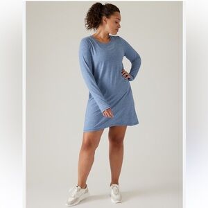 New ATHLETA Uptempo Blue A-Line Long Slv Relaxed Fit Sweat Wicking Jersey Dress